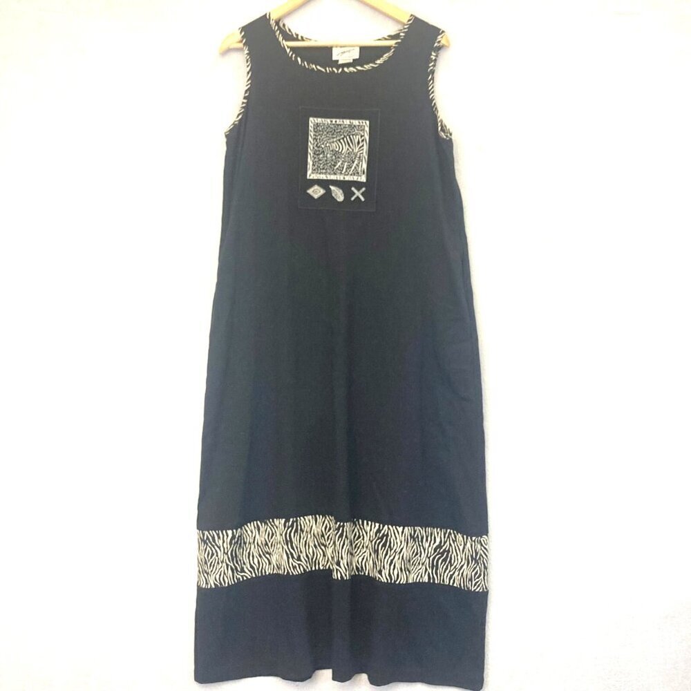 Vintage 90s Zebra Midi Flax Blend Dress Size Medium M Summer Beach Outdoor Shift